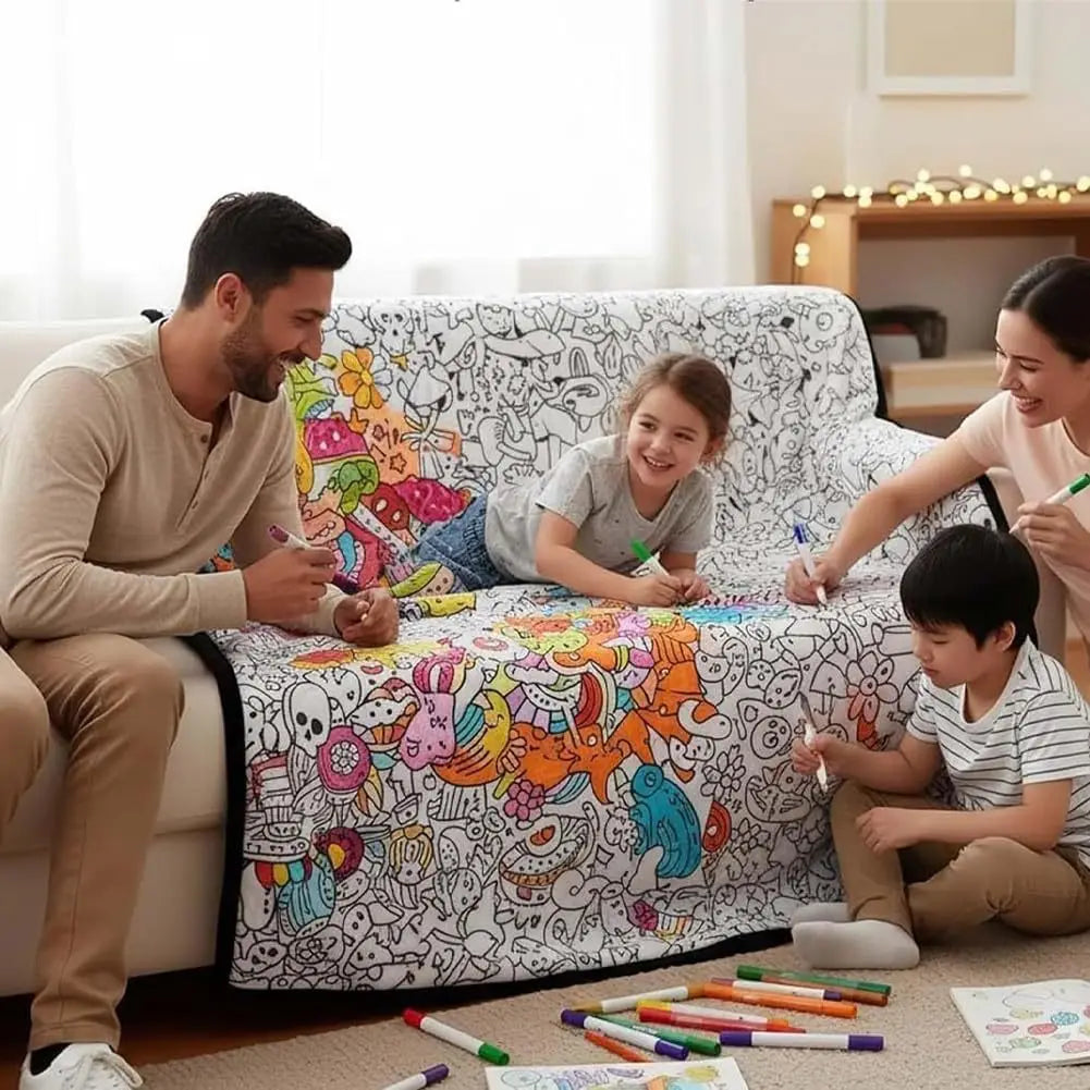 Handmade DIY Coloring Blanket Animal Design Color Your Own Blanket Interactive Parent Child Art Blanket For Kids Family Fun